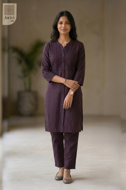 Full front pose of Majesty Nirvi in wine from the 2 piece outfits for ladies collection.