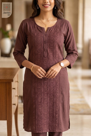 Front close-up of Maroon Muse from the 2 piece outfits for ladies range and tonal embroidery.