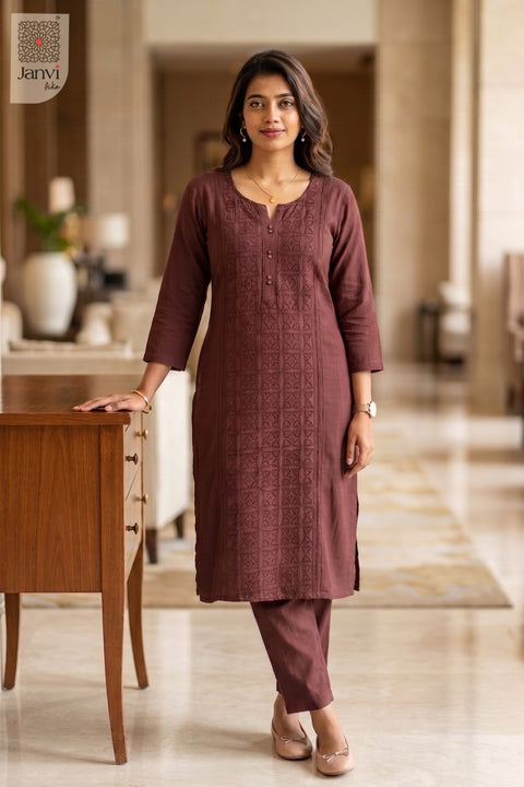 Standing front view of Maroon Muse in light maroon from the 2 piece outfits for ladies collection.