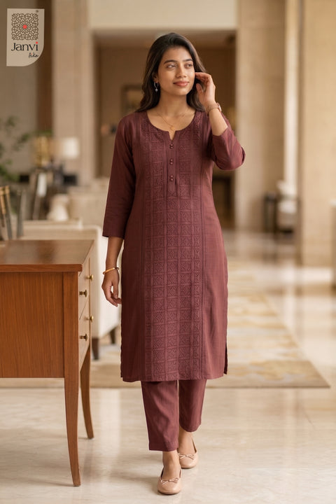 Walking pose of Maroon Muse in light maroon from the 2 piece outfits for ladies collection.