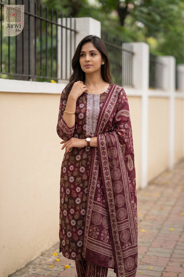 Back view showing neckline styling of Maroon Swirl for black traditional dress for women.