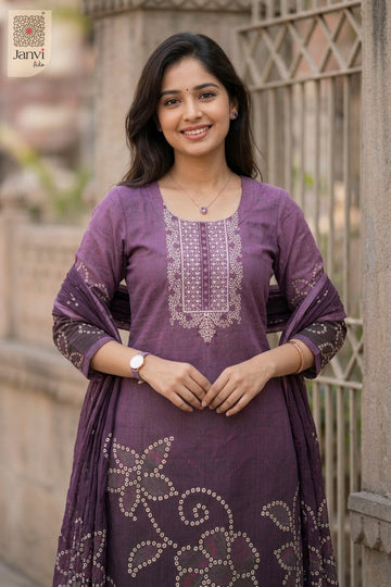Close-up of bodice and embroidery of Mauve Bandhani Elegance for online shopping dresses for ladies.