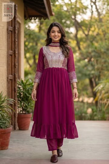 Front full view of Mehr Crimson Grace showcasing style for indian party wear dresses for women.
