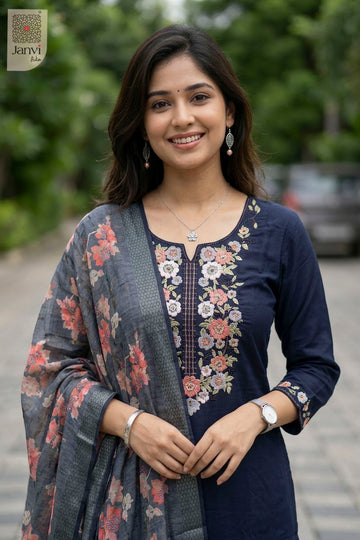Close-up of bodice and embroidery of Midnight Floral Charm for long anarkali dress with dupatta.