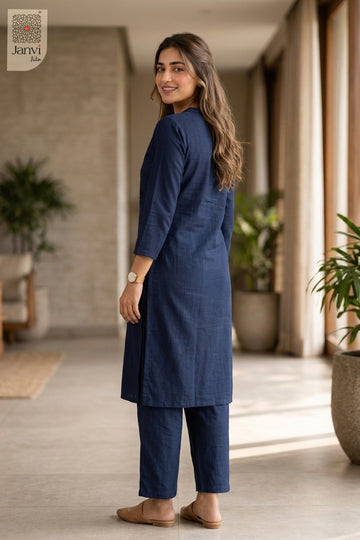 Back view of Midnight Muse in royal blue mulmul cotton from the 2 piece outfits for ladies range.
