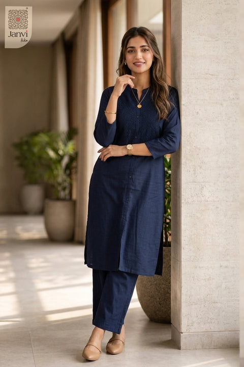 Full front pose of Midnight Muse in royal blue from the 2 piece outfits for ladies collection.