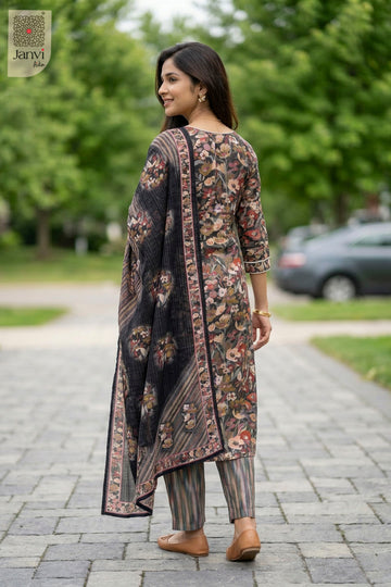 Front angled view of the flared silhouette of Midnight Meadow for readymade dress online shopping.