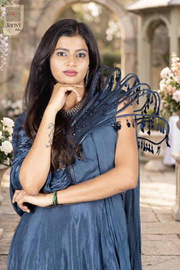 Admire the sheer beauty in this front close up view of a mesmerizing indian navy blue dress design.