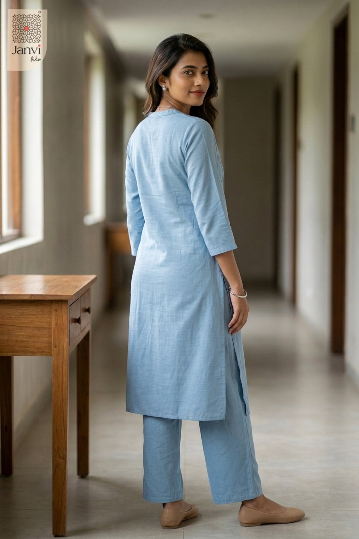 Back view of Misty Sky in light blue mulmul cotton from the 2 piece outfits for ladies range.