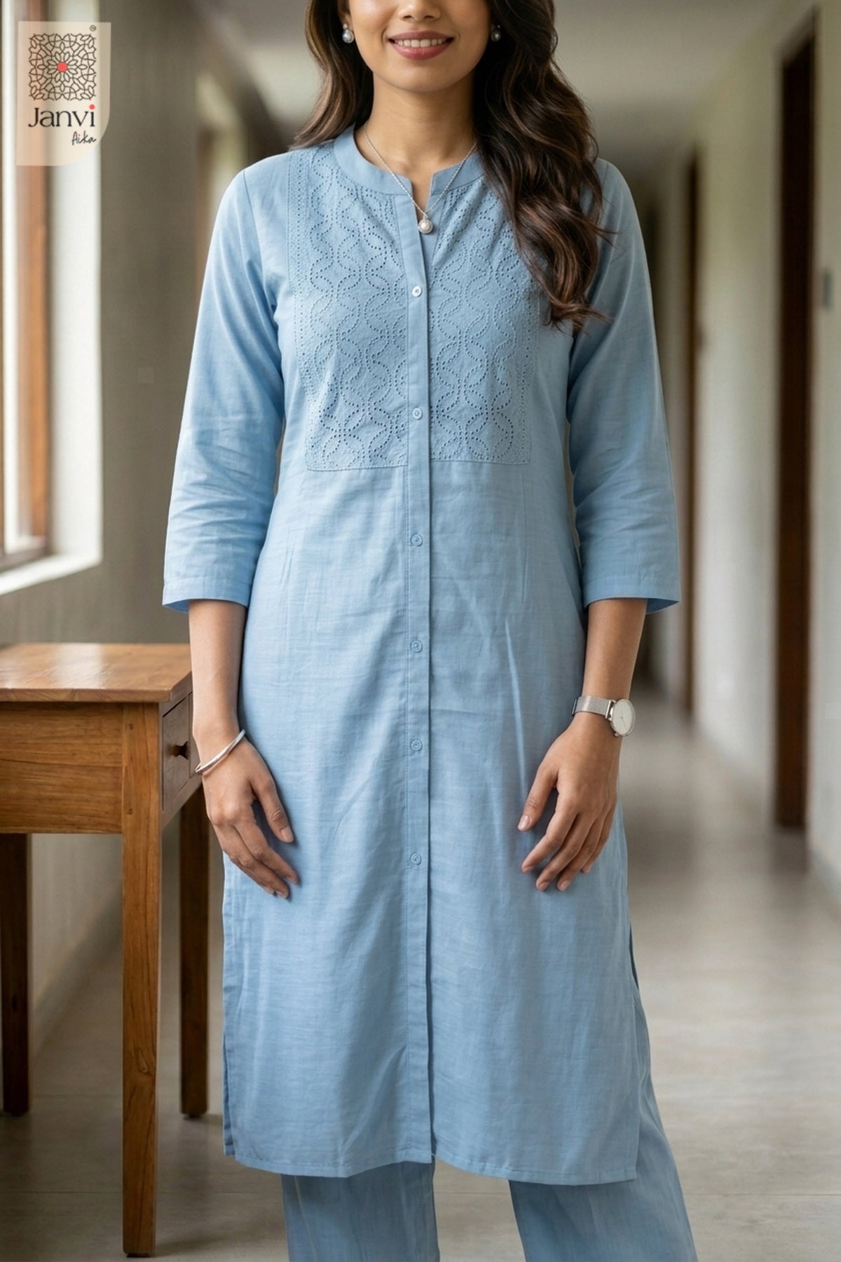 Close-up of Misty Sky from the 2 piece outfits for ladies range showing tonal front embroidery.