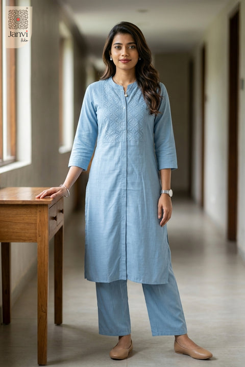 Full front view of Misty Sky from the 2 piece outfits for ladies range with straight matching pants.