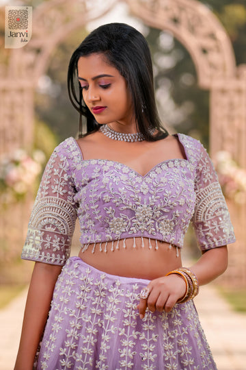 Close-up of bodice and embroidery of Mrinalika for indo western party wear for ladies.