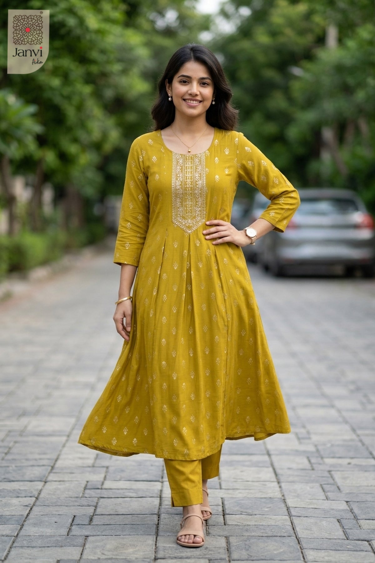 Front full view of Mustard Bloom Top showcasing style for designer indian wedding dresses.