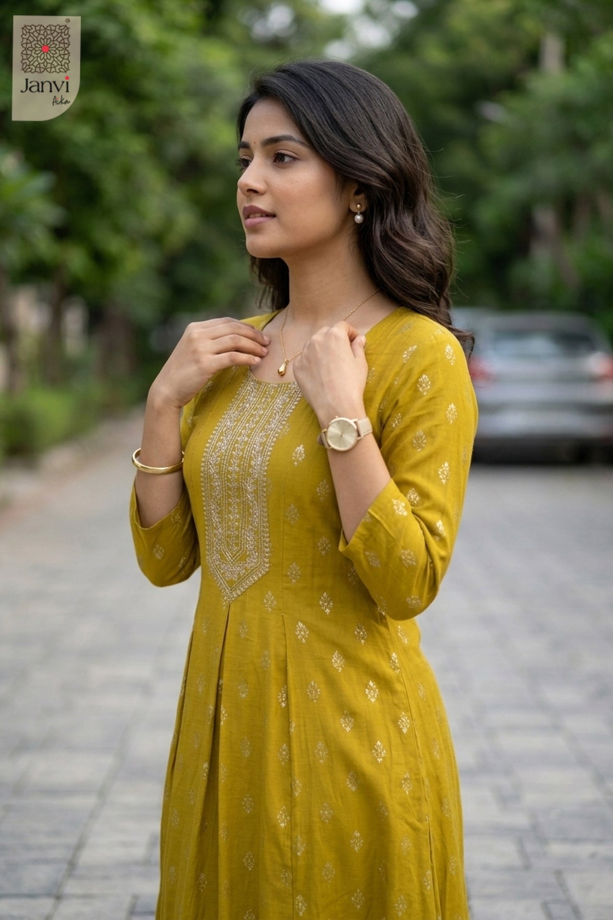 Back view showing neckline styling of Mustard Bloom Top for women's clothing stores near me.