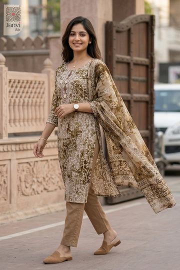 Waist-up front view of Mustard Marble Mist presenting style for short kurtis to wear with jeans.