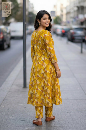 Front angled view of the flared silhouette of Mustard Mosaic for choli online shopping with price.