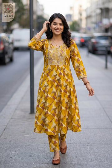 Front full view of Mustard Mosaic showcasing style for readymade party wear suits online.