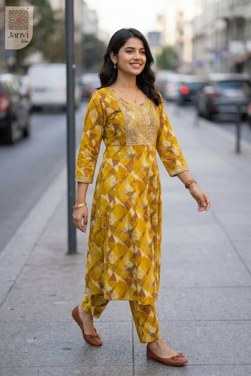 Back view showing neckline styling of Mustard Mosaic for black traditional dress for women.