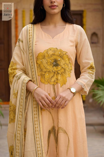 Close up view of bold floral artwork on a sandal yellow anarkali kurti neckline.