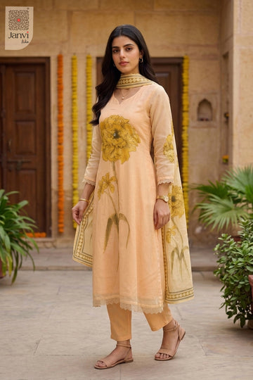 Front full length view of a sandal silk festive anarkali kurta with floral print.