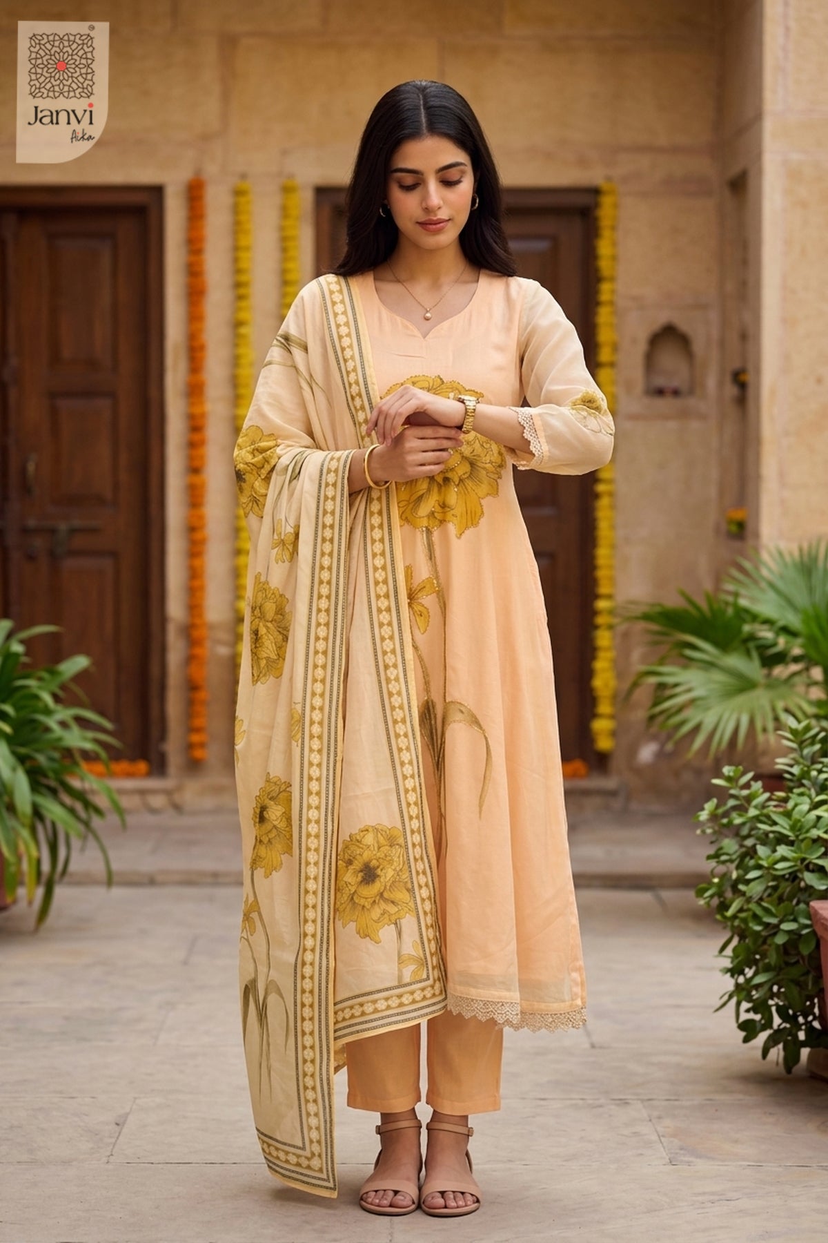 Sandal colour long anarkali dress with dupatta adorned with yellow floral prints.