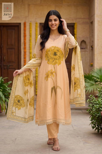 Graceful standing sequence pose in a sandal floral georgette anarkali kurti set.