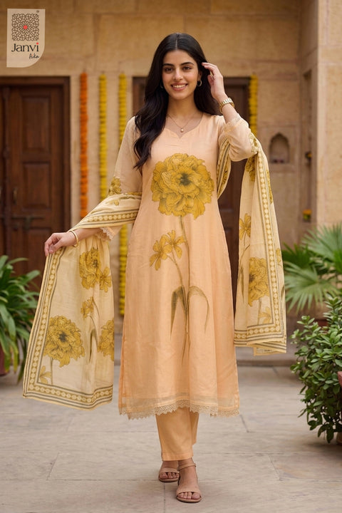 Graceful standing sequence pose in a sandal floral georgette anarkali kurti set.