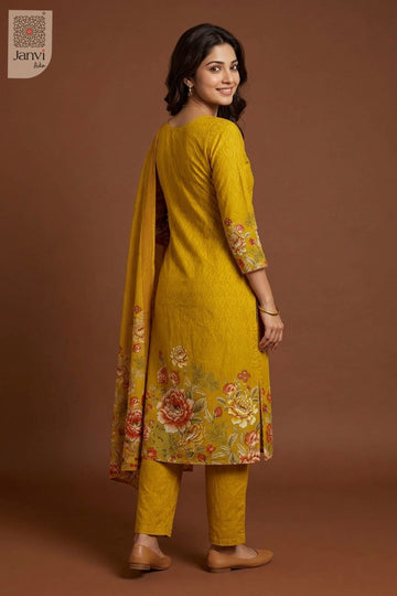 Rear view showing amber back silhouette and printed border of a churidar sleeves kurti.