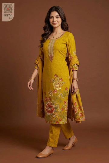 Mid length front shot highlighting printed amber hemline on a silk churidar set.