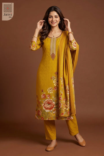 Standing studio pose draping the matching amber scarf in a churidar set with dupatta.