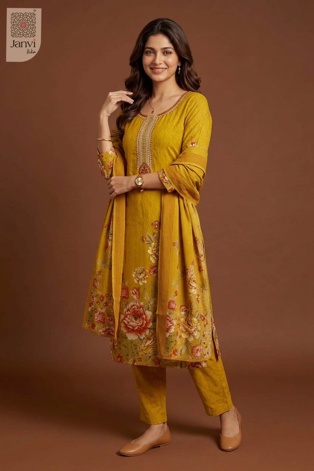 Three quarter side profile view highlighting tailored fit of an amber chudidar set.