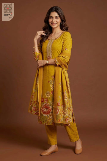 Three quarter side profile view highlighting tailored fit of an amber chudidar set.