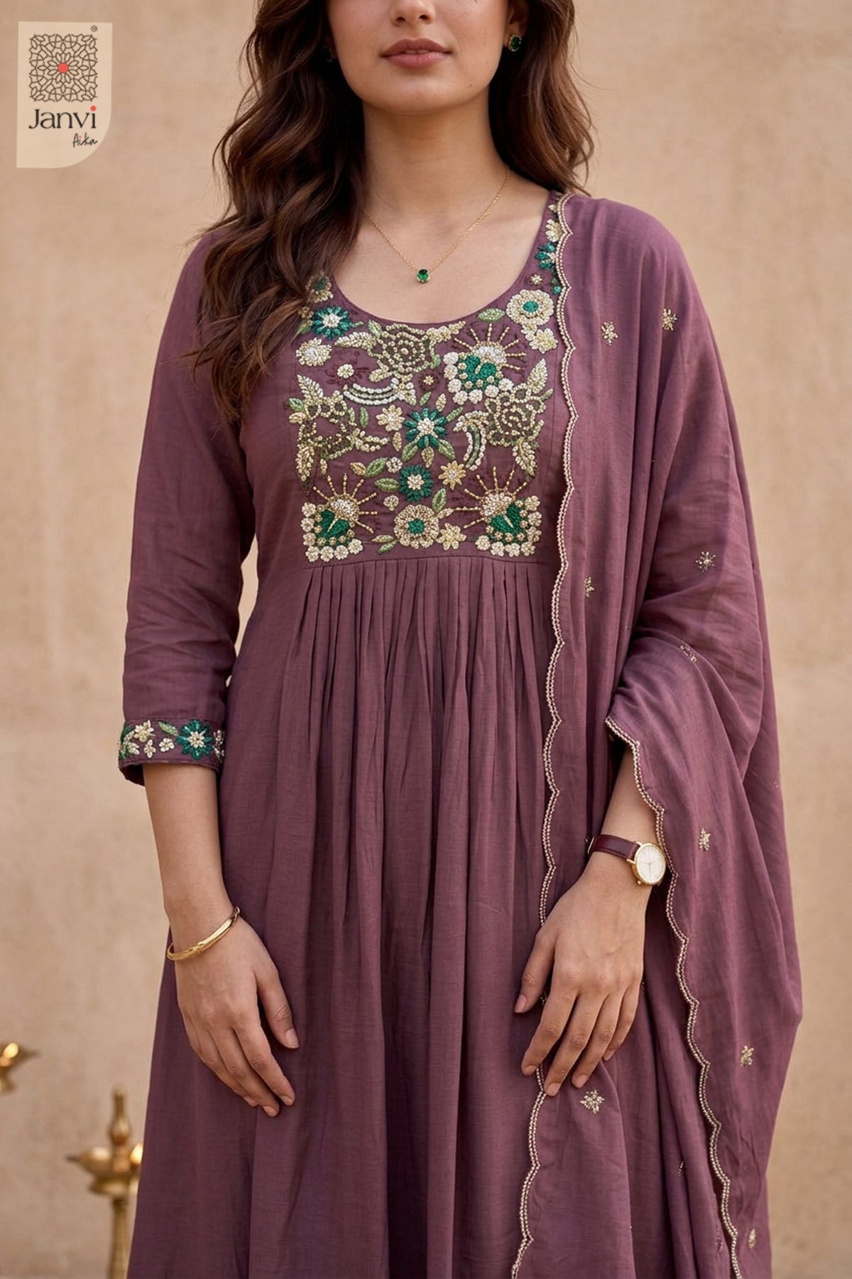 Mauve Jewel Meadow Beadwork Round Neck