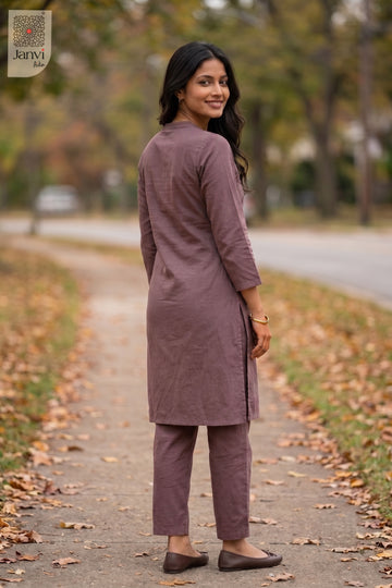 Back view of Mehar Bliss in dark purple mulmul cotton from the 2 piece outfits for ladies range.