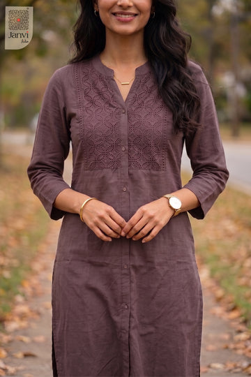 Close-up of Mehar Bliss from the 2 piece outfits for ladies range showing tonal front embroidery.