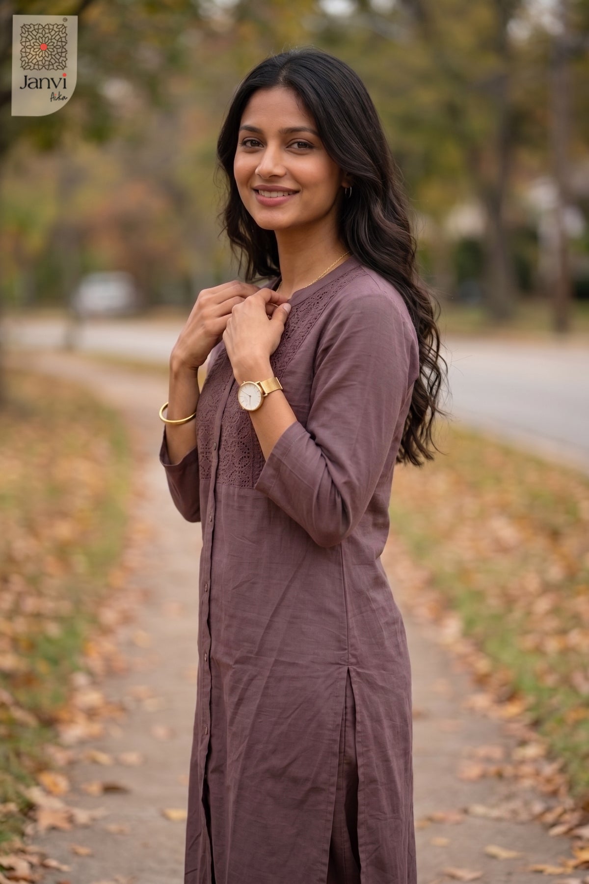 Three-quarter view of Mehar Bliss from the 2 piece outfits for ladies range with elbow sleeves.