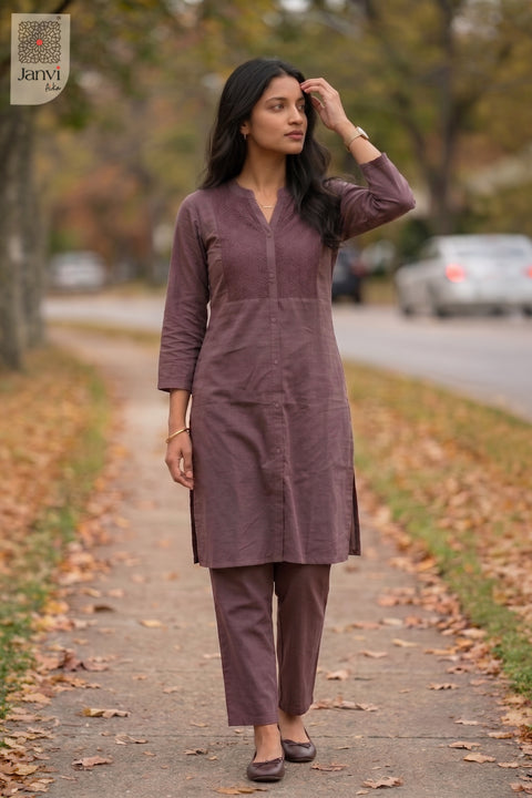 Standing front view of Mehar Bliss in dark purple from the 2 piece outfits for ladies collection.
