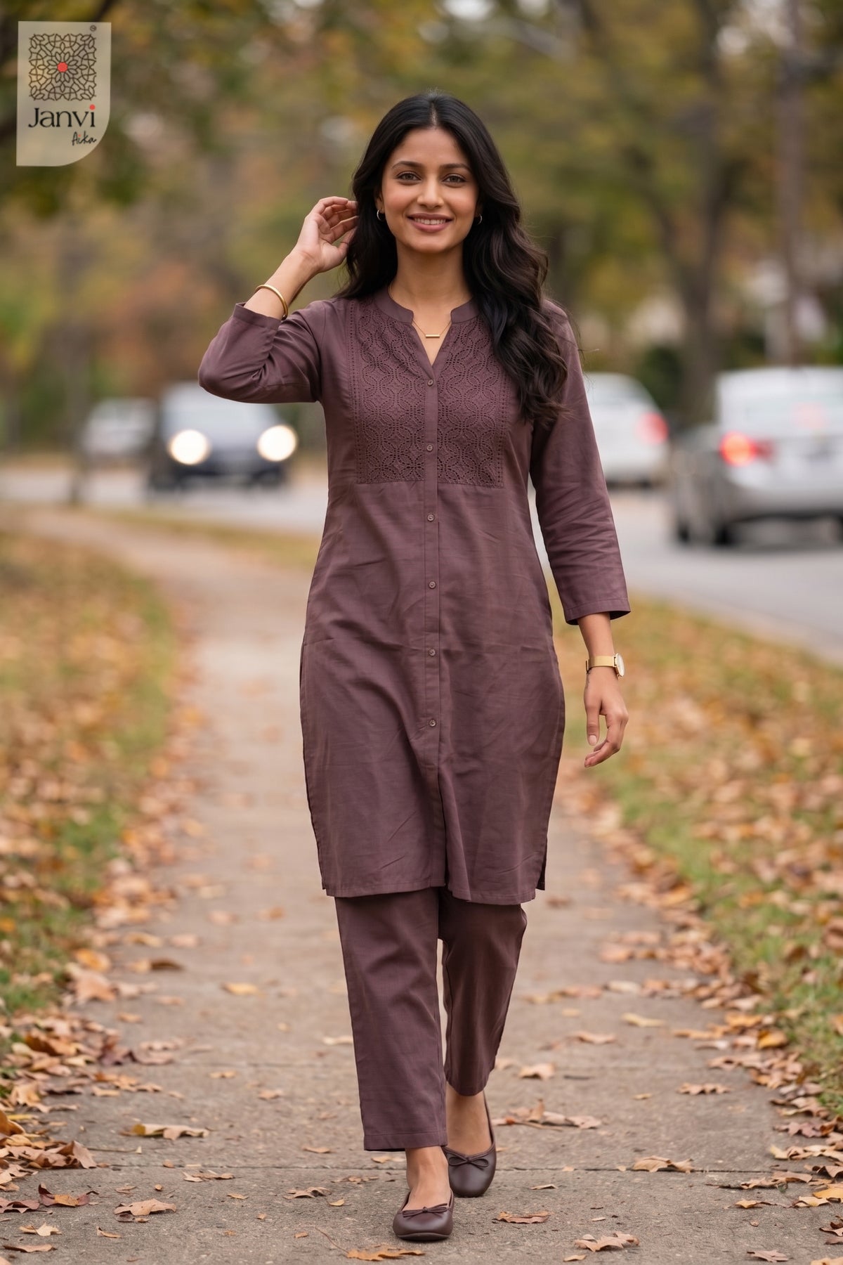 Walking pose of Mehar Bliss in dark purple from the 2 piece outfits for ladies collection.