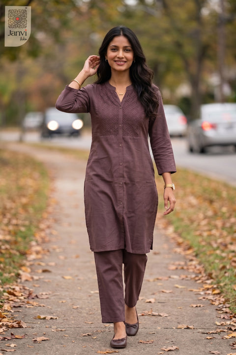 Walking pose of Mehar Bliss in dark purple from the 2 piece outfits for ladies collection.