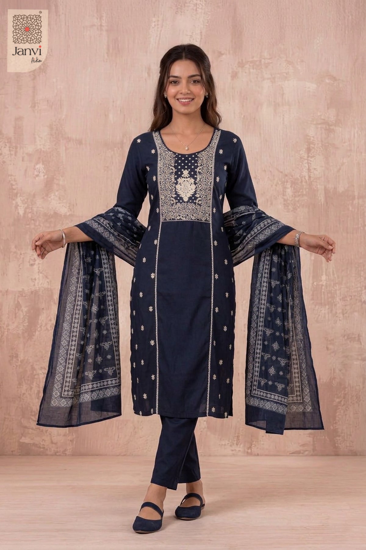 Midnight Blue Ivory Lacework Embroidered Yoke Kurti