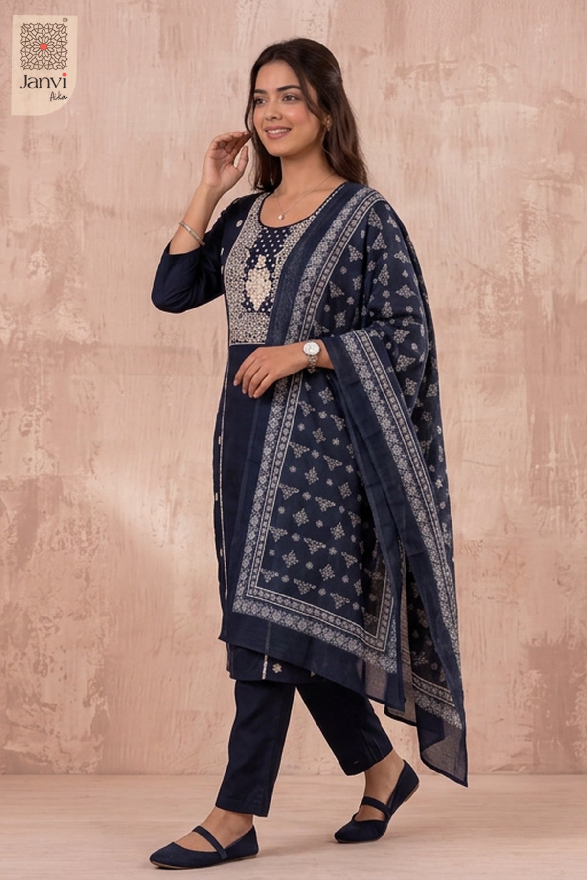 Midnight Blue Ivory Lacework Embroidered Yoke Kurti