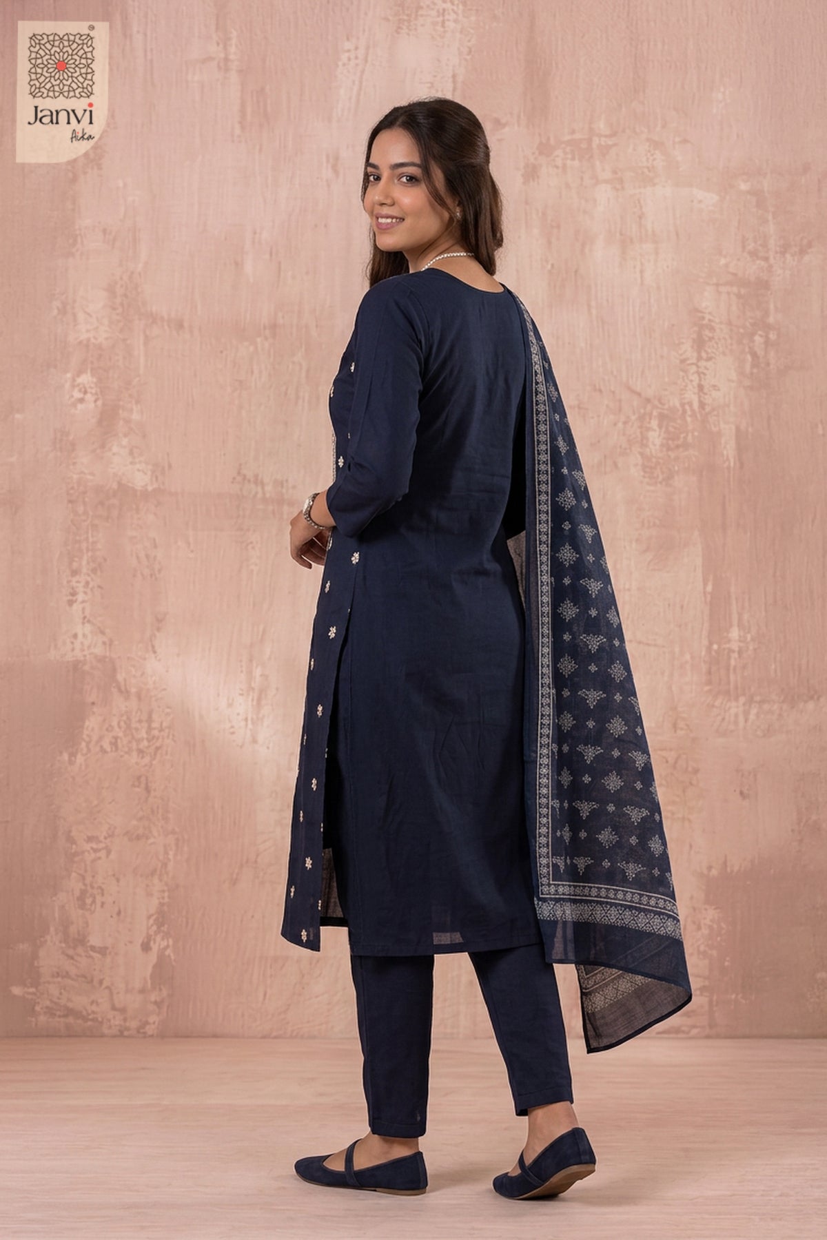 Midnight Blue Ivory Lacework Embroidered Yoke Kurti