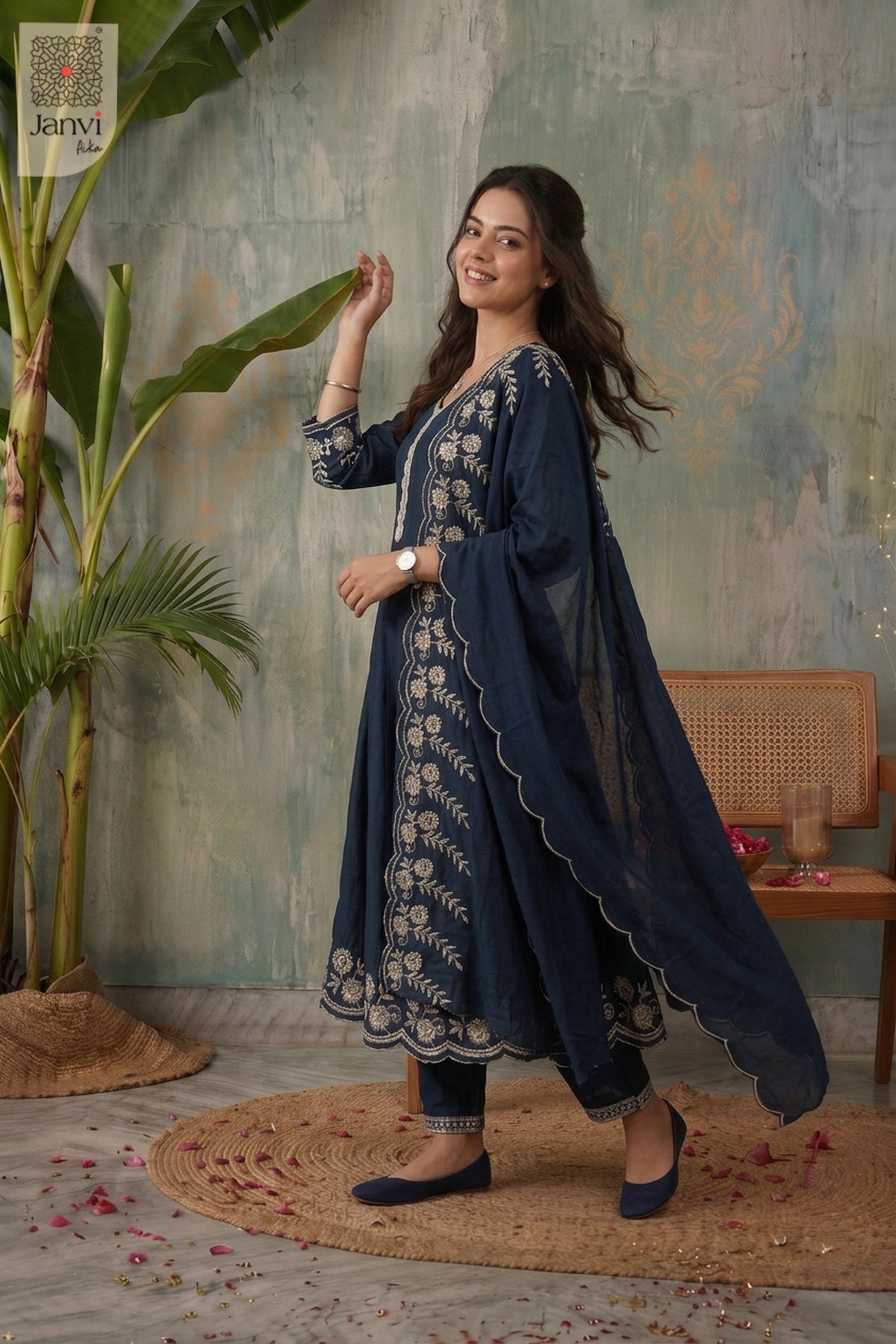 Midnight Lagoon Scallop Lace Round Neck Panelled Flare Kurti