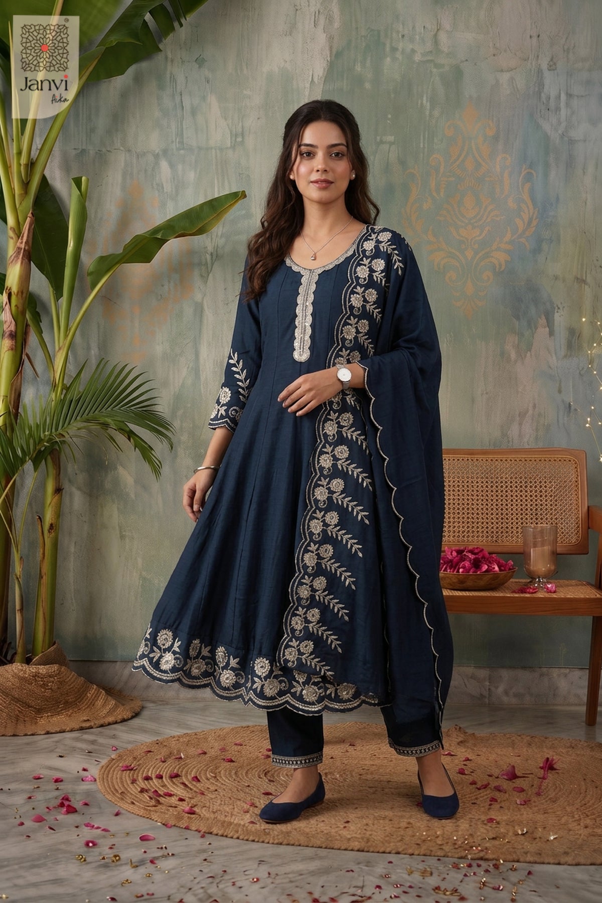 Midnight Lagoon Scallop Lace Round Neck Panelled Flare Kurti