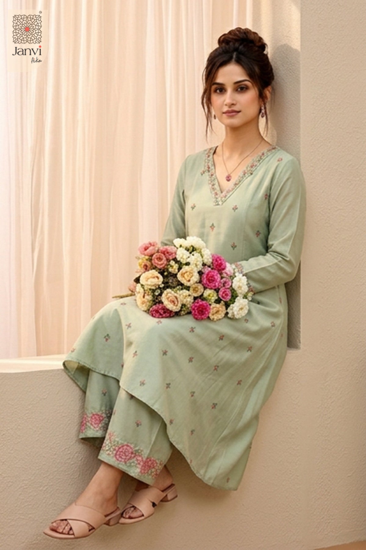 Mint Blossom Embroidered Set