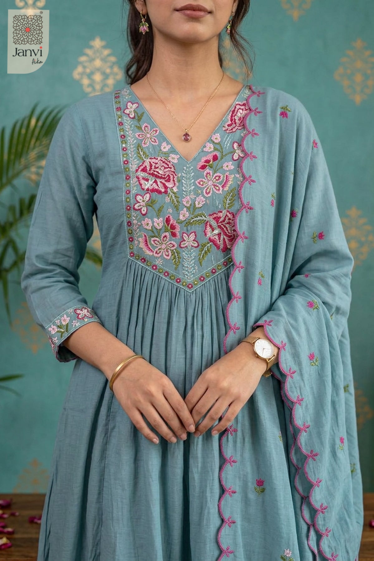 Misty Azure Rosette Reverie Anarkali