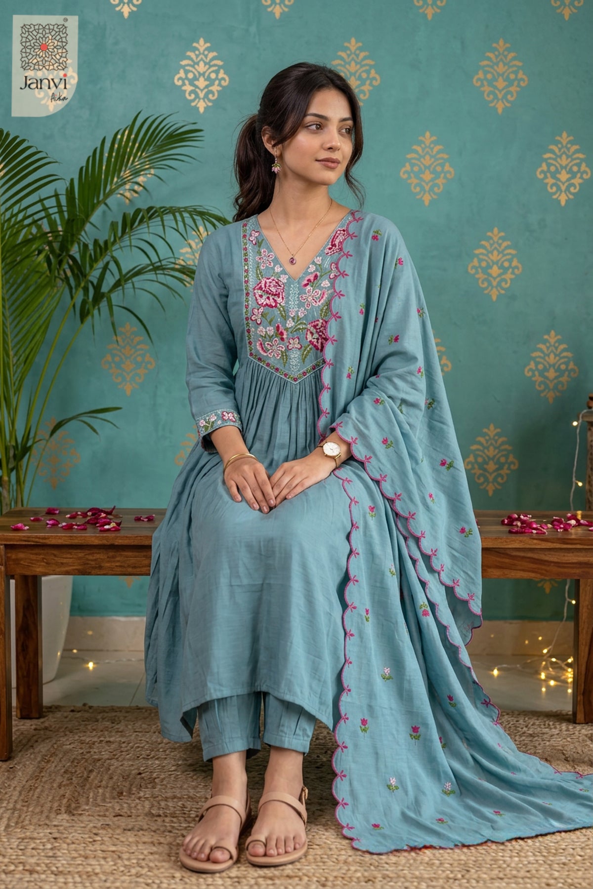 Misty Azure Rosette Reverie Anarkali