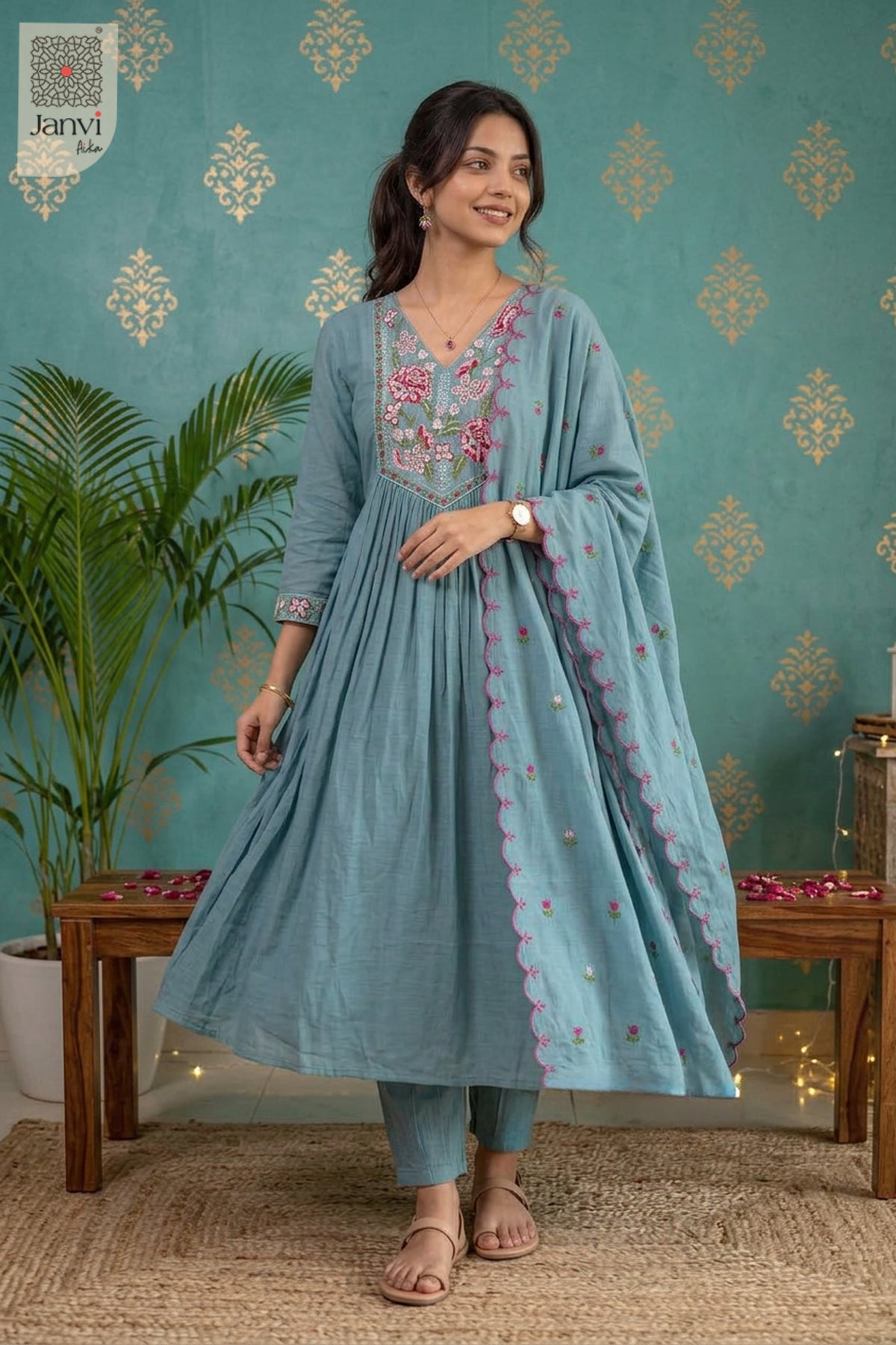 Misty Azure Rosette Reverie Anarkali