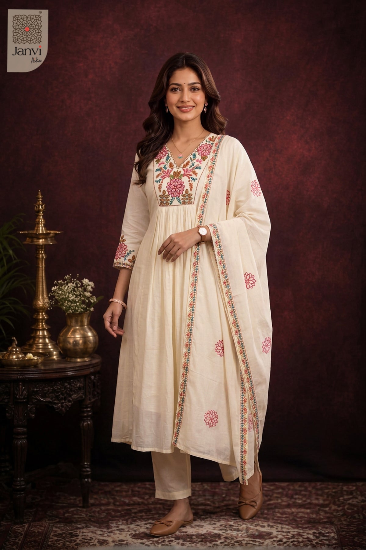 Moonlit Ivory Gulmohar Symphony Anarkali