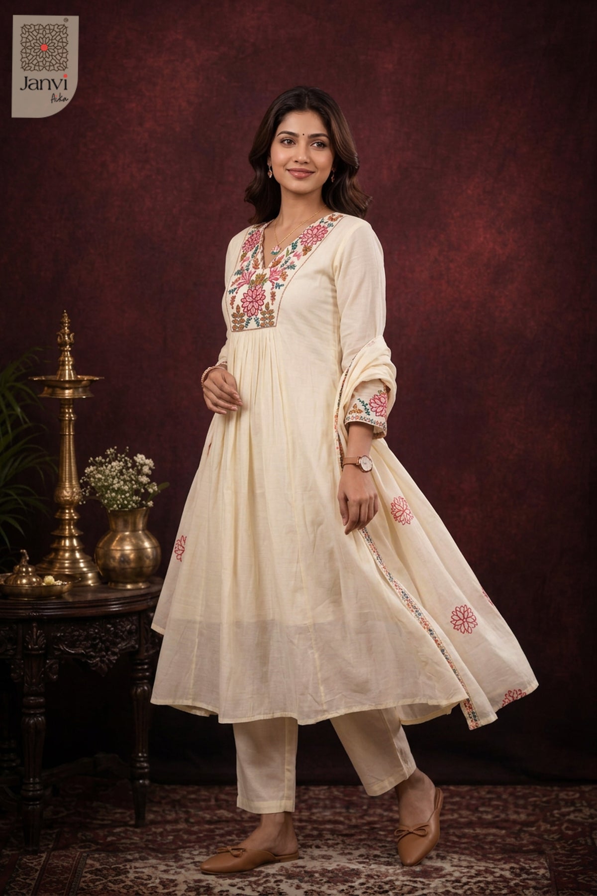 Moonlit Ivory Gulmohar Symphony Anarkali